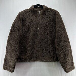 LNA Clothing Sweatshirt Womens L Faux Fur Sherpa 1/4 Zip Pullover Jumper Brown